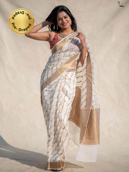 Suta - White Polyester Cotton Saree with Gold Waves