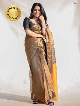 Suta - Gold Linen Zari Pre-Draped Saree with Bright Gold Pallu