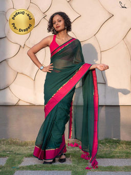 Suta - Green Mul Cotton Saree with Pink Border
