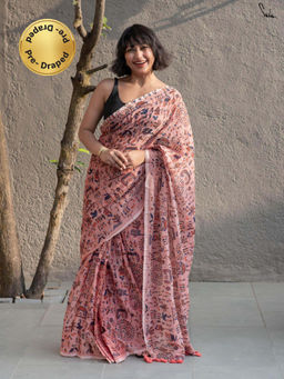 Suta - Pink Coral Mul Cotton Pre Draped Saree with Warli Screen Prints