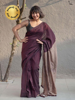 Suta - Dark Brown Cotton Acrylic Pre-Draped Saree with Pockets