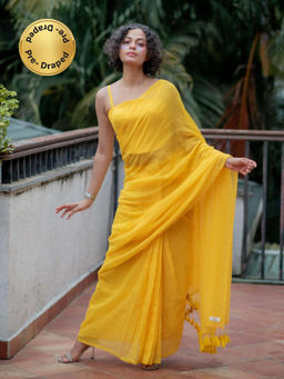 Suta - Ready To Wear Mul Cotton Yellow Pre Draped Saree with Corset Blouse Side Zip and Hook
