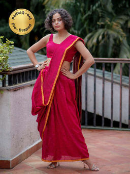 Suta - Ready To Wear Mul Cotton Red Saree with Side Zip and Hook Blouse