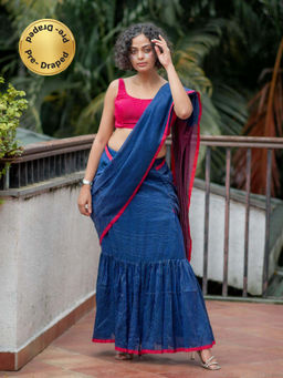 Suta - Ready To Wear Mul Cotton Blue Saree Gown with Back Knot Blouse and Side Zip