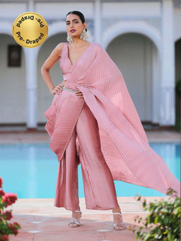 Swtantra - Blushing Accordion Pink Pre-Draped Saree without Blouse