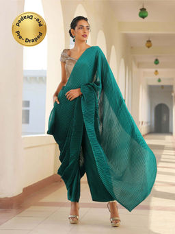 Swtantra - Emerald Accordion Green Pre-Draped Saree with Pocket and Arm Tie without Blouse