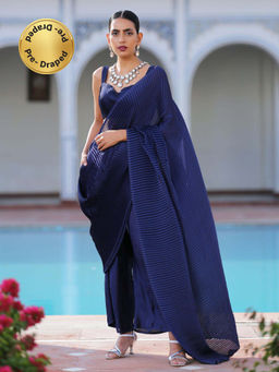 Swtantra - Accordion Midnight Navy Blue Pre-Draped Saree without Blouse