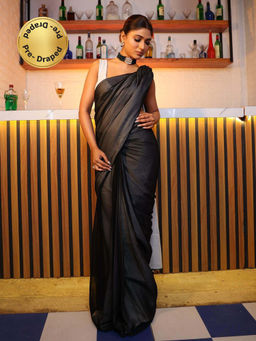 Swtantra - Pre-Draped 1-Minute Black Georgette with Cream Satin Saree with Unstitched Blouse