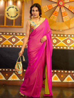 Swtantra - Pre-Draped 1-Minute Fuchsia Georgette with Neon Yellow Crepe Saree with Unstitched Blouse