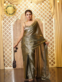 Swtantra - Pre-Draped 1-Minute Liquid Gold Organza Saree with Big Diamonds and Blouse Fabric