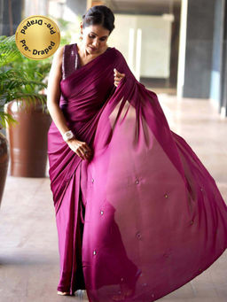 Swtantra - Pre Draped 1 Minute Wine Satin Saree with Rainbow Beads and Unstitched Blouse