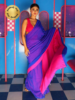 Swtantra - Pre Draped 1 Minute Mars Blue Georgette with Fuchsia Crepe Saree with Unstitched Blouse