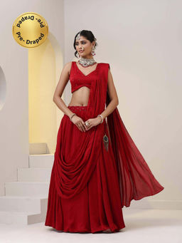 Swtantra - Milano Red Satin Skirt Saree with Beads On Pallu and Waist Band and Unstitched Blouse