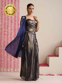 Swtantra - Navy Blue Skirt Style Pre-Draped Saree with Unstitched Blouse