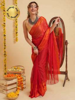 Teejh - Sanah Red Chiffon Ready to Drape Saree with Unstitched Blouse