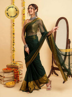 Teejh - Sanah Bottle Green Chiffon Ready to Drape Saree with Unstitched Blouse