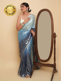 Teejh - Kaalki Blue Shimmer Chiffon Saree with Unstitched Blouse