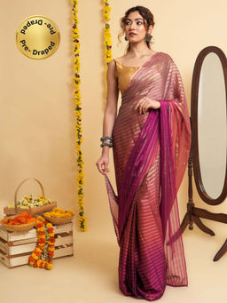 Teejh - Silvasa Pink Satin Zari Ready to Drape Saree with Unstitched Blouse