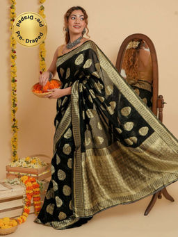 Teejh - Kalmah Black Soft Cotton Silk Ready to Drape Saree with Unstitched Blouse