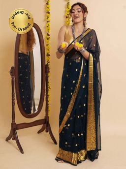 Teejh - Samaro Navy Blue Georgette Ready to Drape Saree with Unstitched Blouse