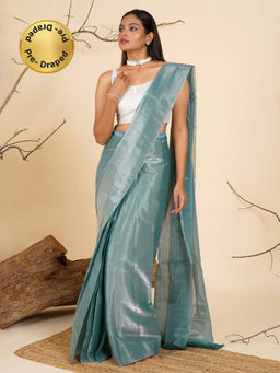 Teejh - Blue Tissue Pre-Draped Saree with Unstitched Blouse