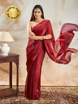 Teejh - Lavitha Maroon Pre-Draped Saree with Unstitched Blouse