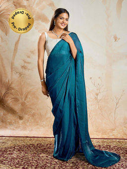 Teejh - Mahisha Blue Pre-Draped Saree with Unstitched Blouse