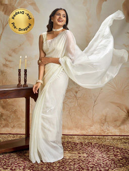 Teejh - Kavyani Cream Pre-Draped Saree with Unstitched Blouse