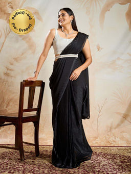 Teejh - Yagnika Black Pre-Draped Saree & Belt with Unstitched Blouse