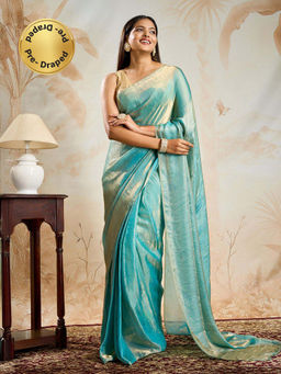 Teejh - Hemika Blue Pre-Draped Saree with Unstitched Blouse