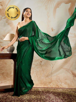 Teejh - Isveta Green Pre-Draped Saree with Unstitched Blouse