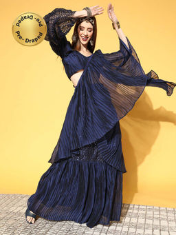 Tikhi Imli - Blue Accordion Pleated Crepe Ready to Wear Embellished Saree with Unstitched Blouse