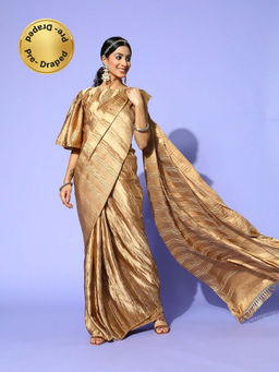 Tikhi Imli - Beige Satin Accordion Pleated Ready to Wear Saree with Unstitched Blouse