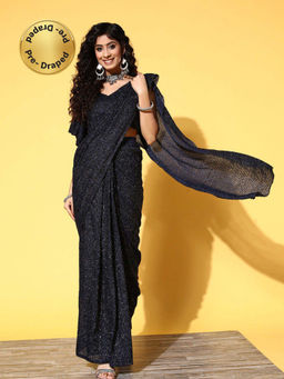 Tikhi Imli - Navy Blue Embellished Lycra Ready to Wear Saree with Unstitched Blouse