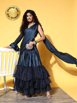 Tikhi Imli - Navy Blue Satin & Net Half Sequins Ready to Wear Saree with Unstitched Blouse