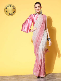 Tikhi Imli - Pink Shaded Sequins Embellished Ready to Wear Saree with Unstitched Blouse