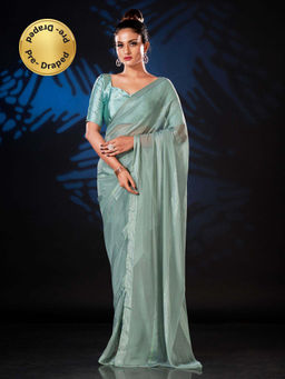 Tikhi Imli - Ready To Wear Green Striped Georgette Saree with Unstitched Blouse