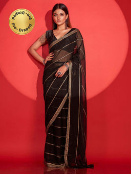 Tikhi Imli - Ready To Wear Black & Golden Striped Polyester Saree with Unstitched Blouse