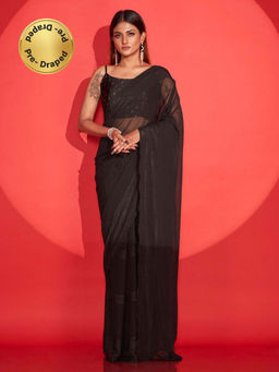 Tikhi Imli - Ready To Wear Black Striped Georgette Saree with Unstitched Blouse