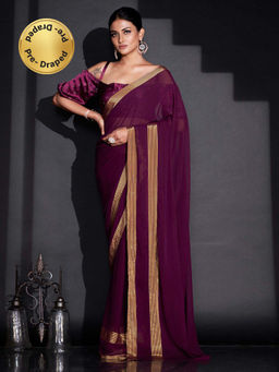 Tikhi Imli - Ready To Wear Wine Striped Polyester Saree with Unstitched Blouse