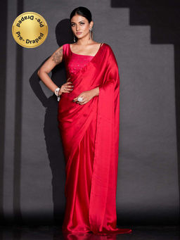 Tikhi Imli - Ready To Wear Red Solid Satin Saree with Unstitched Blouse