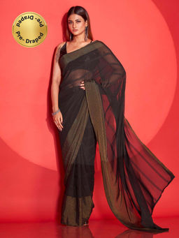 Tikhi Imli - Ready To Wear Black Striped Polyester Saree with Unstitched Blouse