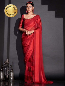 Tikhi Imli - Red Striped Polyester Ready To Wear Saree with Unstitched Blouse