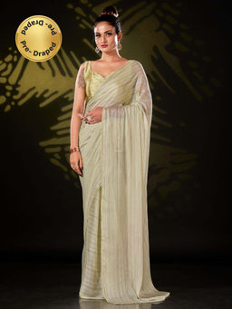 Tikhi Imli - Ready To Wear Off White Striped Polyester Saree with Unstitched Blouse