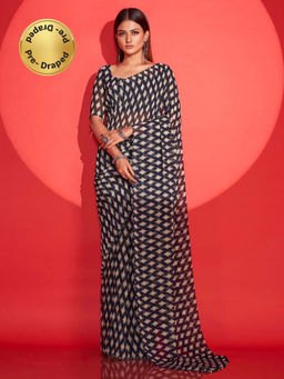 Tikhi Imli - Ready To Wear Navy Blue Geometric Printed Saree with Unstitched Blouse