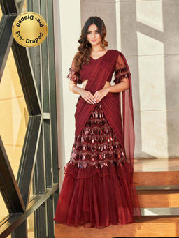 Tikhi Imli - Ready to Wear Maroon Crepe and Net Sequins Embellished Saree with Unstitched Blouse
