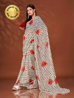 Tikhi Imli - Ready to Wear Cream & Red Geometric Print Saree with Unstitched Blouse