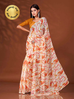 Tikhi Imli - Ready to Wear Cream & Orange Color Abstract Print Saree with Unstitched Blouse