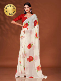 Tikhi Imli - Ready to Wear Cream & Red Color Floral Print Saree with Unstitched Blouse