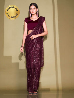 Tikhi Imli - Ready To Wear Wine Net Sequins Work Saree with Unstitched Blouse